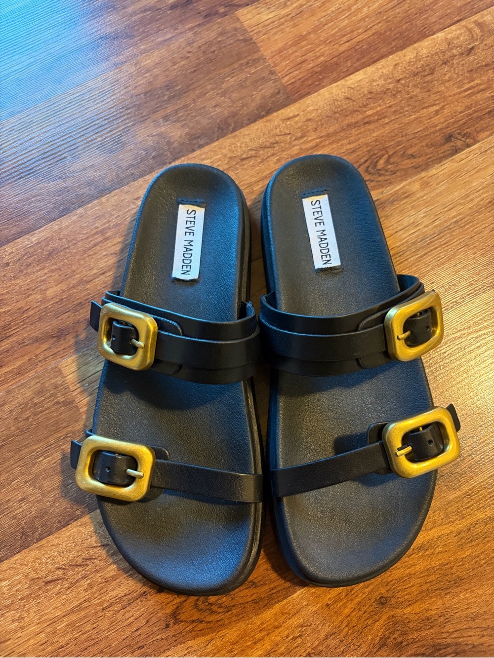 Steve Madden Black Slide Sandals with Gold Buckles